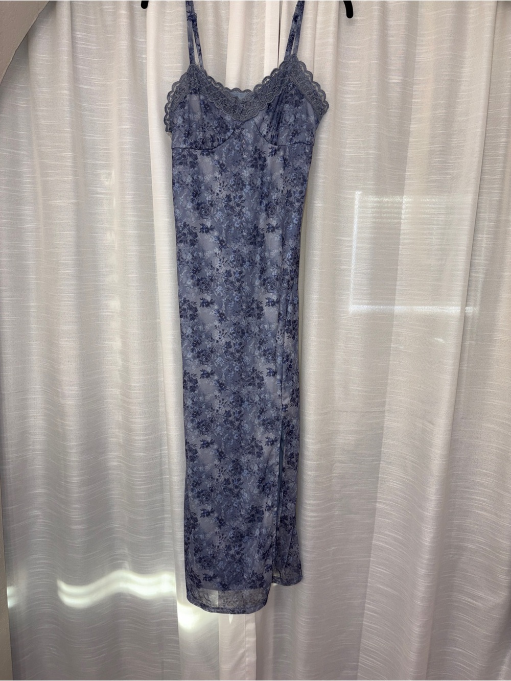 No Boundaries Lace-Trim Slip Dress in Dusty Blue With Side Slit